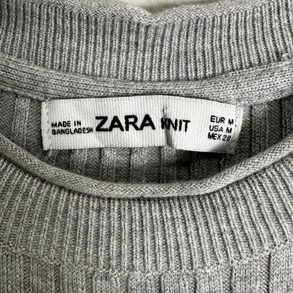 ZARA Knit Womens Gray Ribbed Short Sleeve Sweater Dress Size Medium Mini Length - Picture 3 of 10